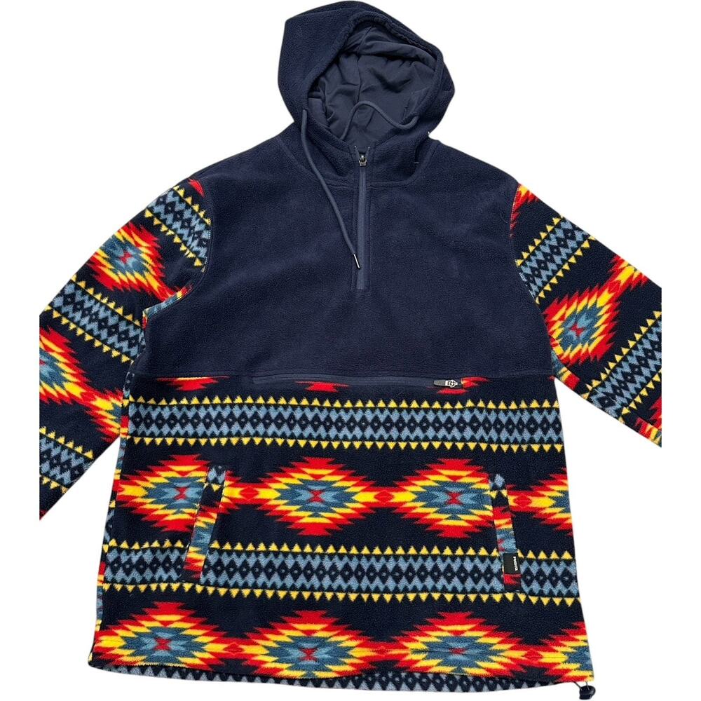 RSQ Men’s Unisex Blue Fleece Aztec Western 1/4 Zip Hoodie Kangaroo Pockets Sz XL
